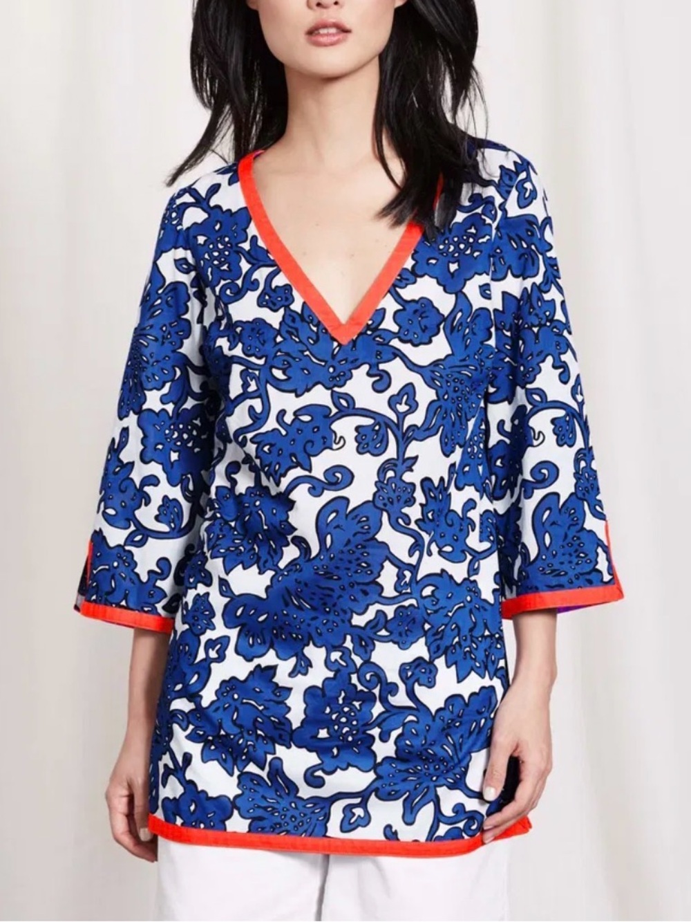 Boden Cotton Tunic Blouse Top Swim Cover Blue White US 8 Small Floral Coastal
